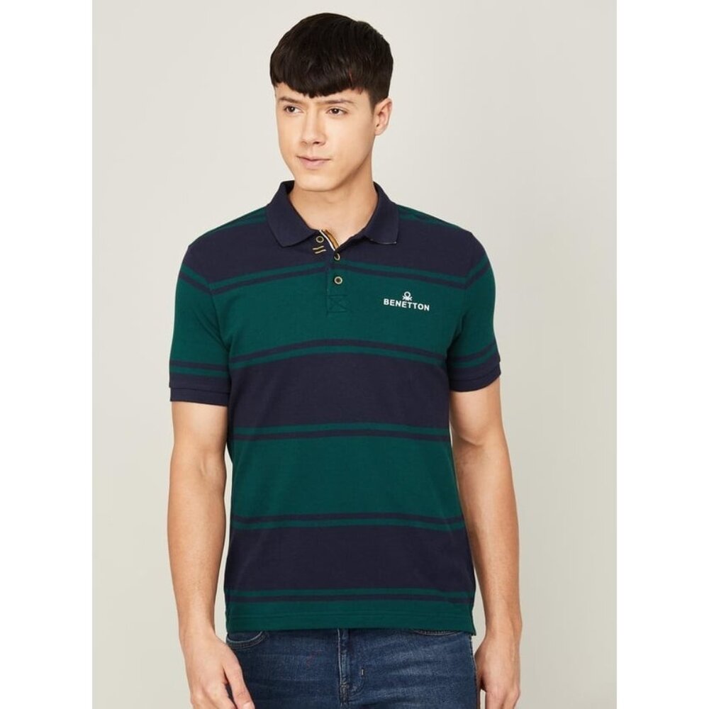 United Colors of Benetton Green Blue Rugby Polo Shirt Short Sleeve Mens Sz Large